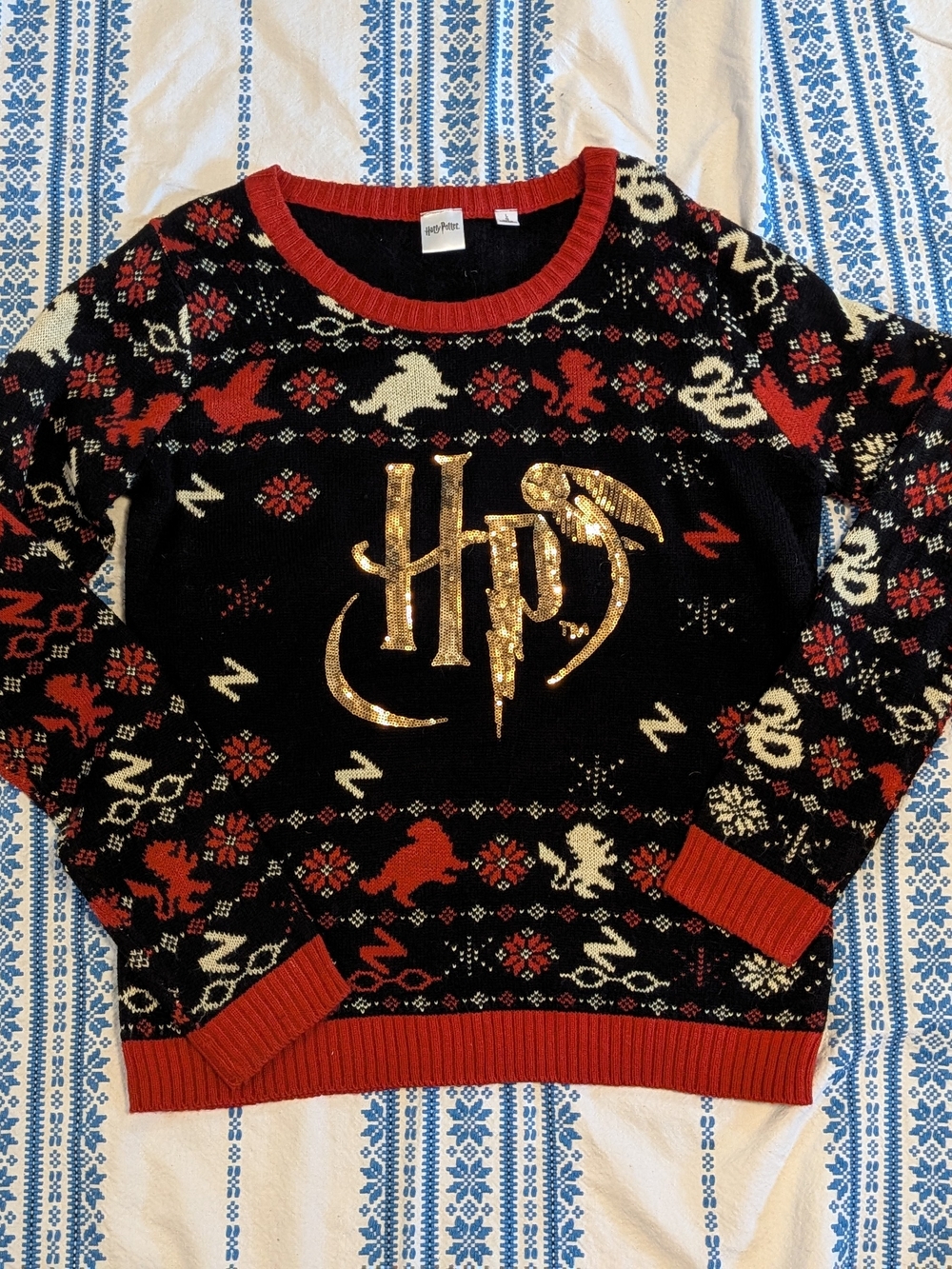 Harry Potter Gold Logo Fair Isle Crewneck Sweater - Black & Red